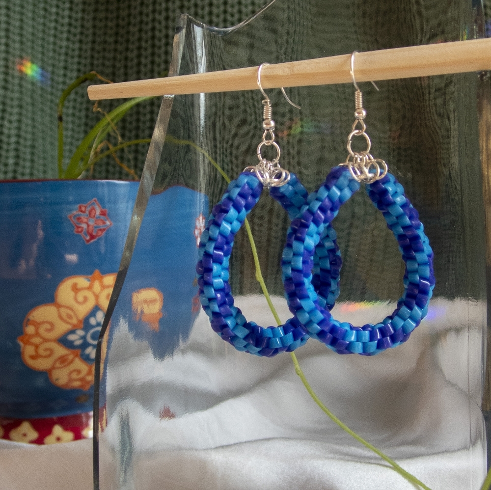 Purple Blue Spiral Hoops - Handmade Lanyard / Scoobidou Earrings